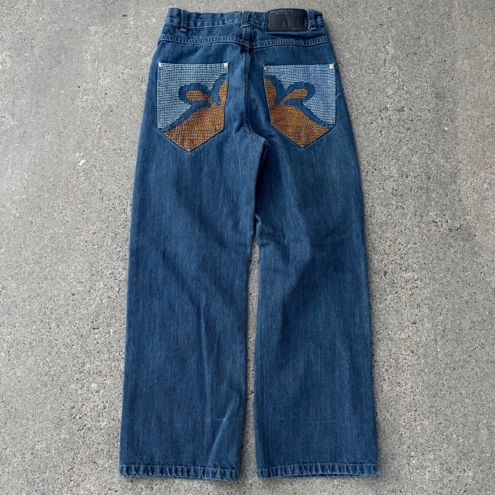 Rocawear Medium Wash Two Tone White Orange Baggy Jeans Y2K Boys Kids Size 12